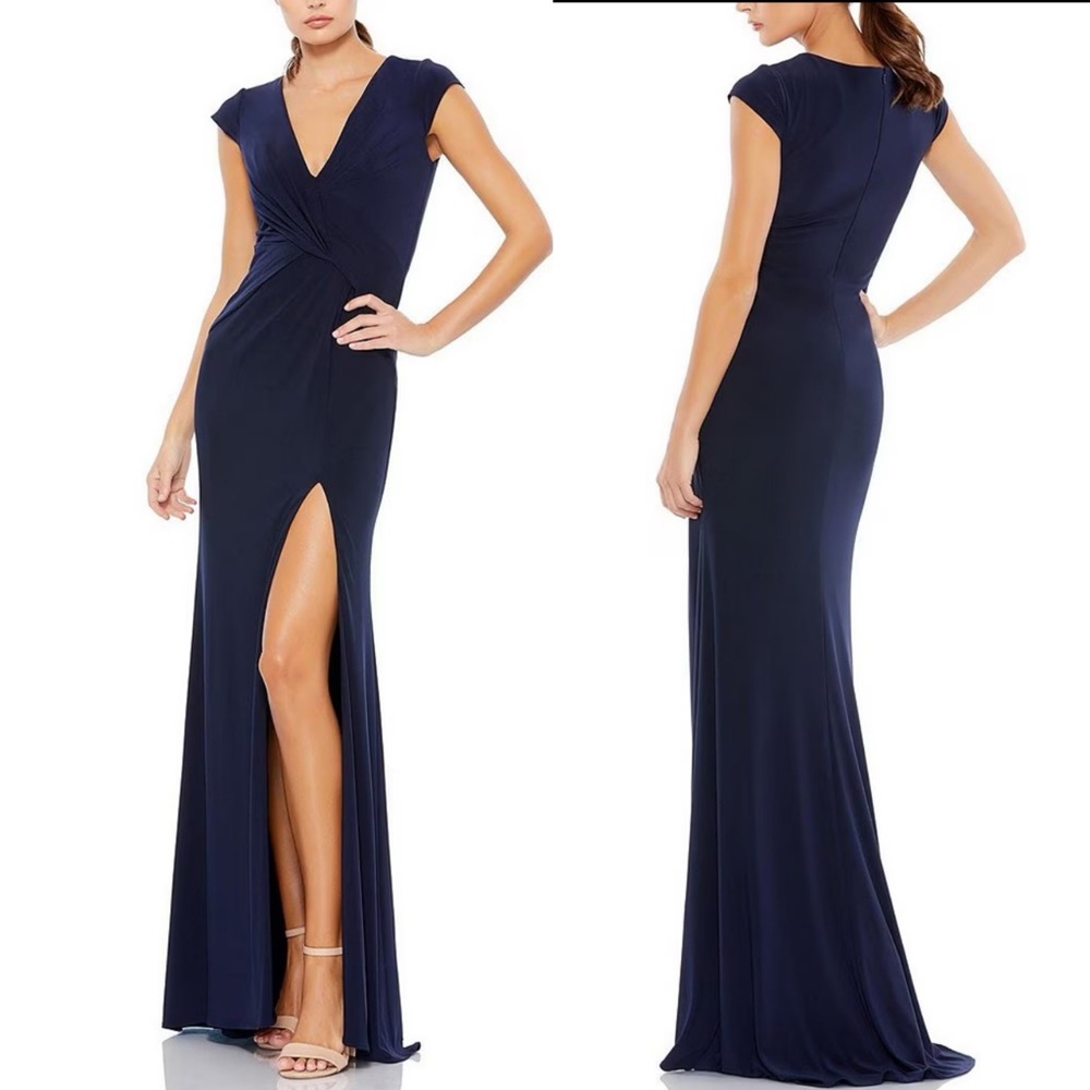 Mac Duggal Deep Blue V-Neck Maxi Dress